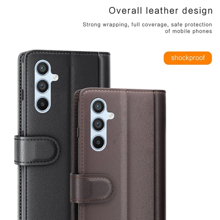 Per Samsung Galaxy A54 5G Custodia Protettiva a Portafoglio Flip Custodia in Vera Pelle Divisa Resistente ai Graffi Copertura del Telefono in Piedi - Marrone
