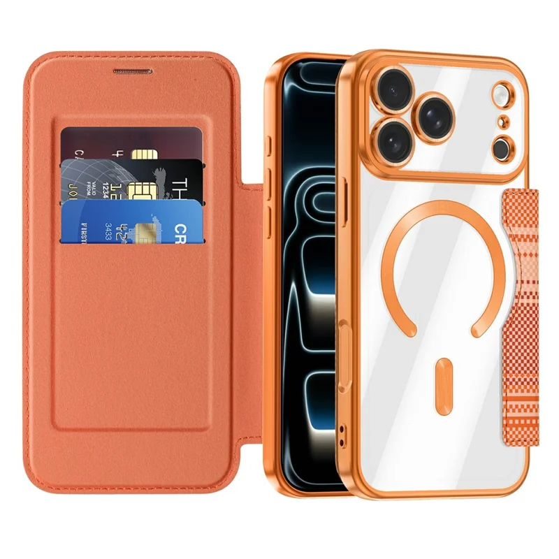 Voor iPhone 18 Pro Magnetische Hoes met RFID Blokkering en Kaarthouders in Lederen Uitvoering - Oranje