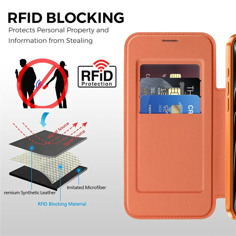Voor iPhone 18 Pro Magnetische Hoes met RFID Blokkering en Kaarthouders in Lederen Uitvoering - Oranje