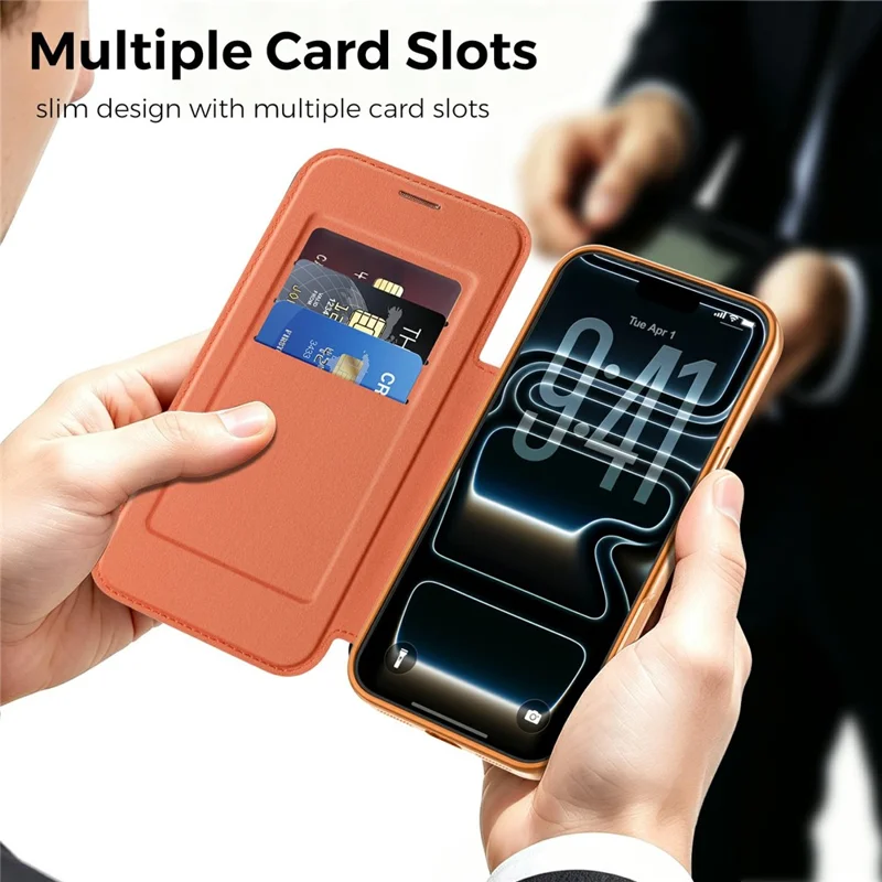 Voor iPhone 18 Pro Magnetische Hoes met RFID Blokkering en Kaarthouders in Lederen Uitvoering - Oranje