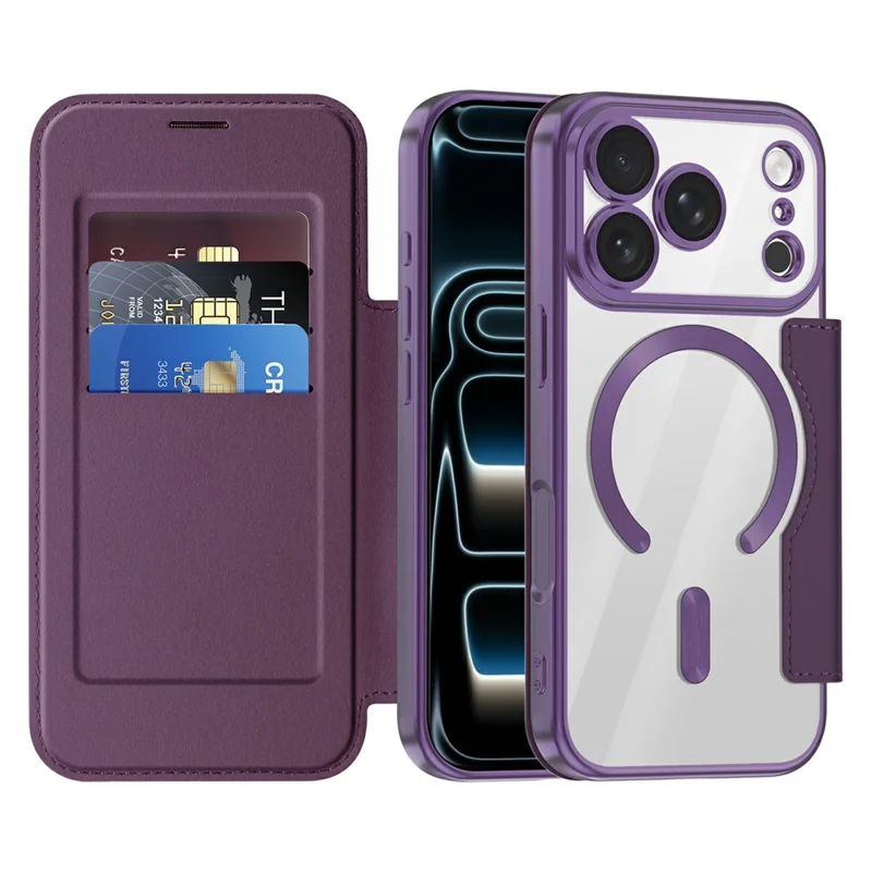 For iPhone 18 Pro Magnetic Case RFID Blocking Card Holder Rhombus PU Leather Phone Cover with Lens Film - Dark Purple - 2