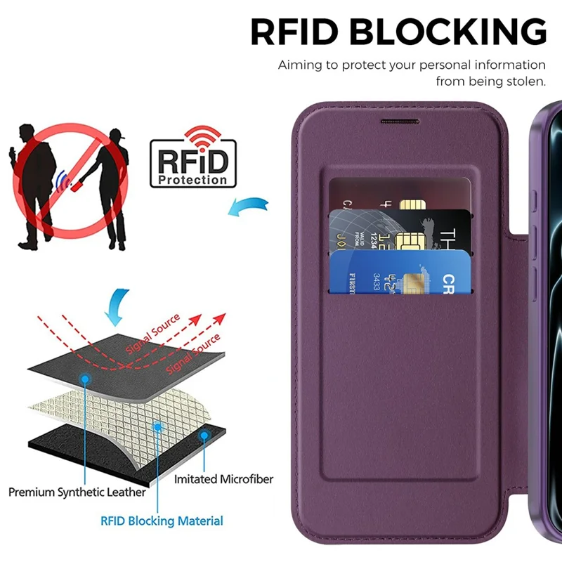 For iPhone 18 Pro Magnetic Case RFID Blocking Card Holder Rhombus PU Leather Phone Cover with Lens Film - Dark Purple - 5