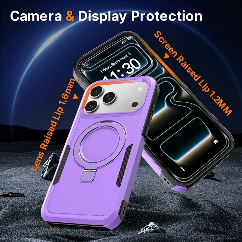 For iPhone 17 Pro Max Case Magnetische Draaibare Standaard PC + TPU Telefoonbeschermer - Paars+Zwart
