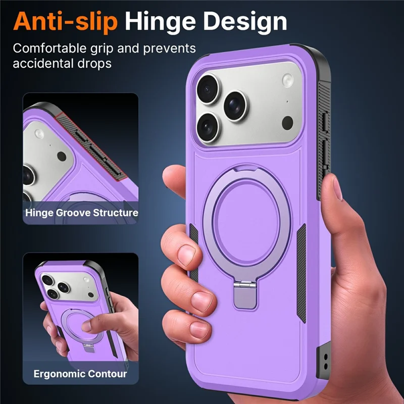 For iPhone 17 Pro Max Case Magnetische Draaibare Standaard PC + TPU Telefoonbeschermer - Paars+Zwart
