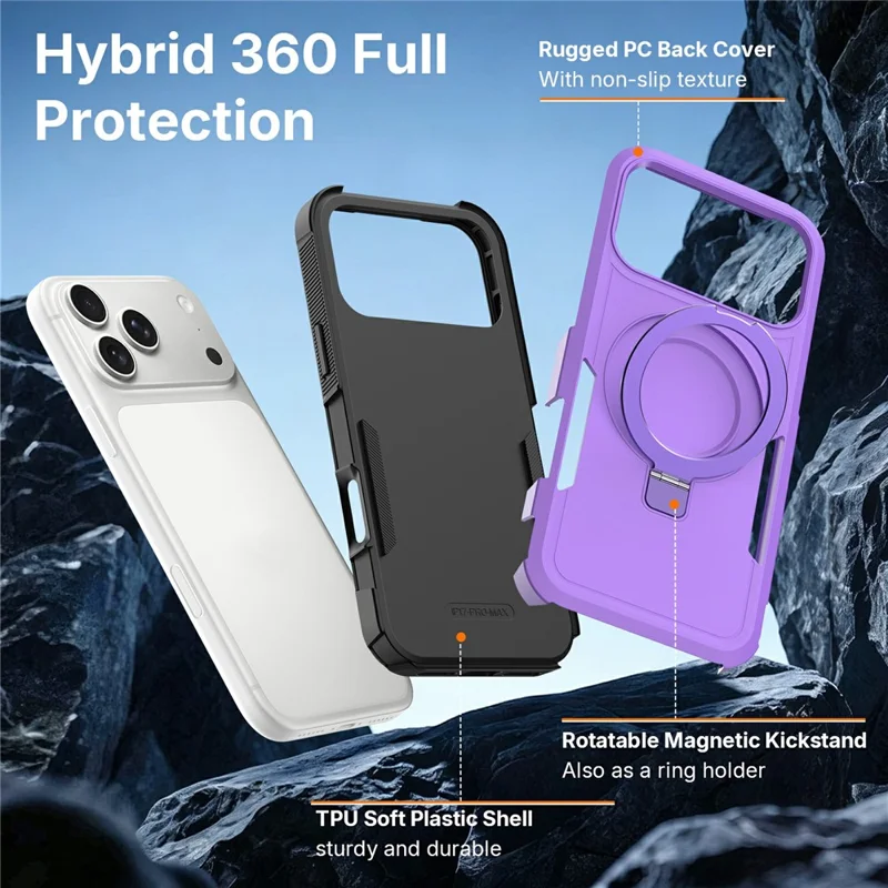 For iPhone 17 Pro Max Case Magnetische Draaibare Standaard PC + TPU Telefoonbeschermer - Paars+Zwart