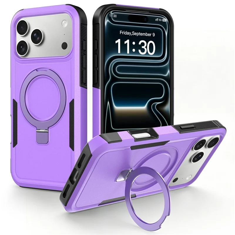 For iPhone 17 Pro Case Magnetic Rotatable Kickstand PC + TPU Phone Protective Cover - Purple+Black