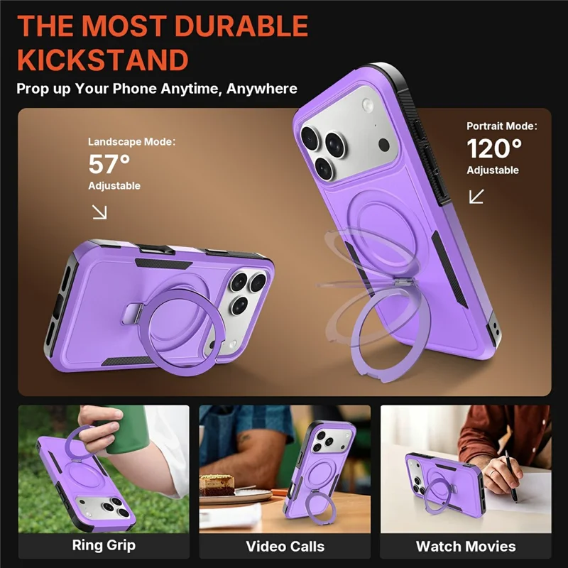 For iPhone 17 Pro Case Magnetic Rotatable Kickstand PC + TPU Phone Protective Cover - Purple+Black