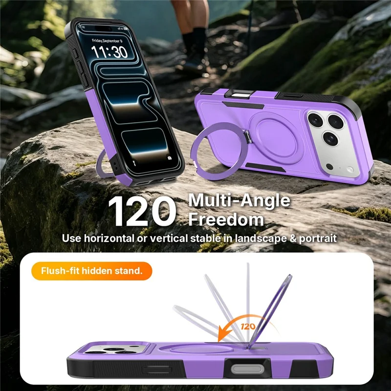 For iPhone 17 Pro Case Magnetic Rotatable Kickstand PC + TPU Phone Protective Cover - Purple+Black