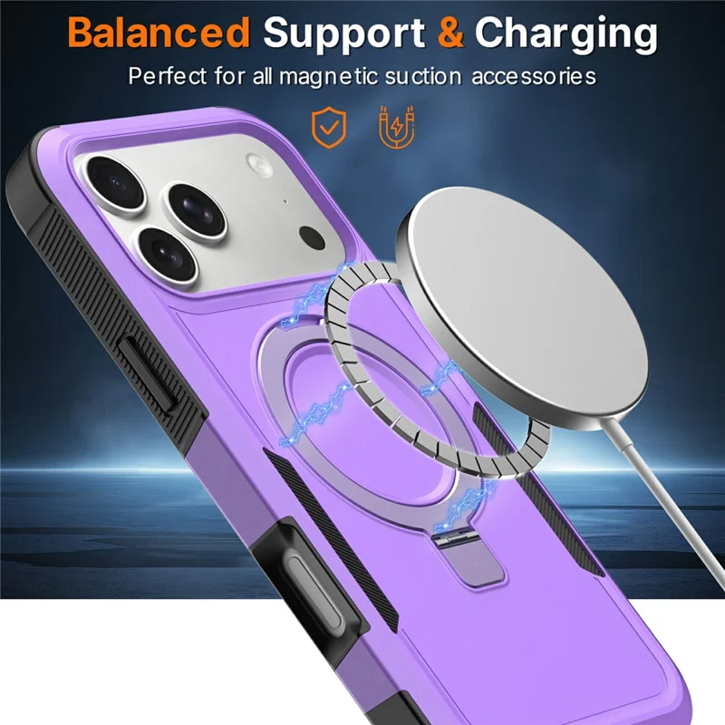 For iPhone 17 Pro Case Magnetic Rotatable Kickstand PC + TPU Phone Protective Cover - Purple+Black