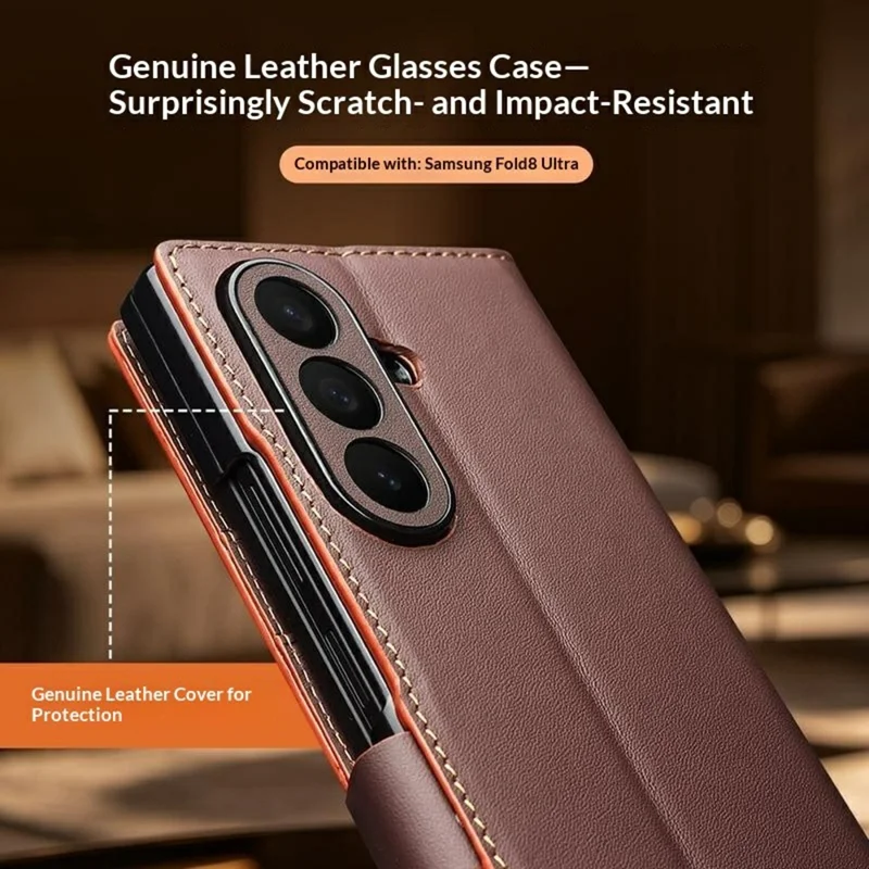 QIALINO For Samsung Galaxy Z Fold8 Ultra Case Flip Stand Genuine Cow Leather Phone Cover - Brown