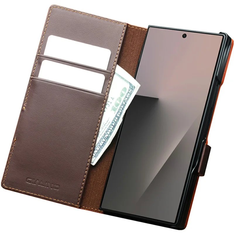 QIALINO For Samsung Galaxy Z Fold8 Ultra Case Flip Stand Genuine Cow Leather Phone Cover - Brown
