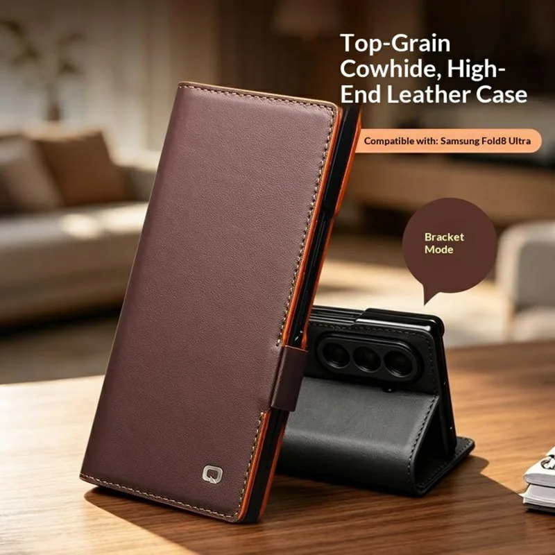 QIALINO For Samsung Galaxy Z Fold8 Ultra Case Flip Stand Genuine Cow Leather Phone Cover - Brown
