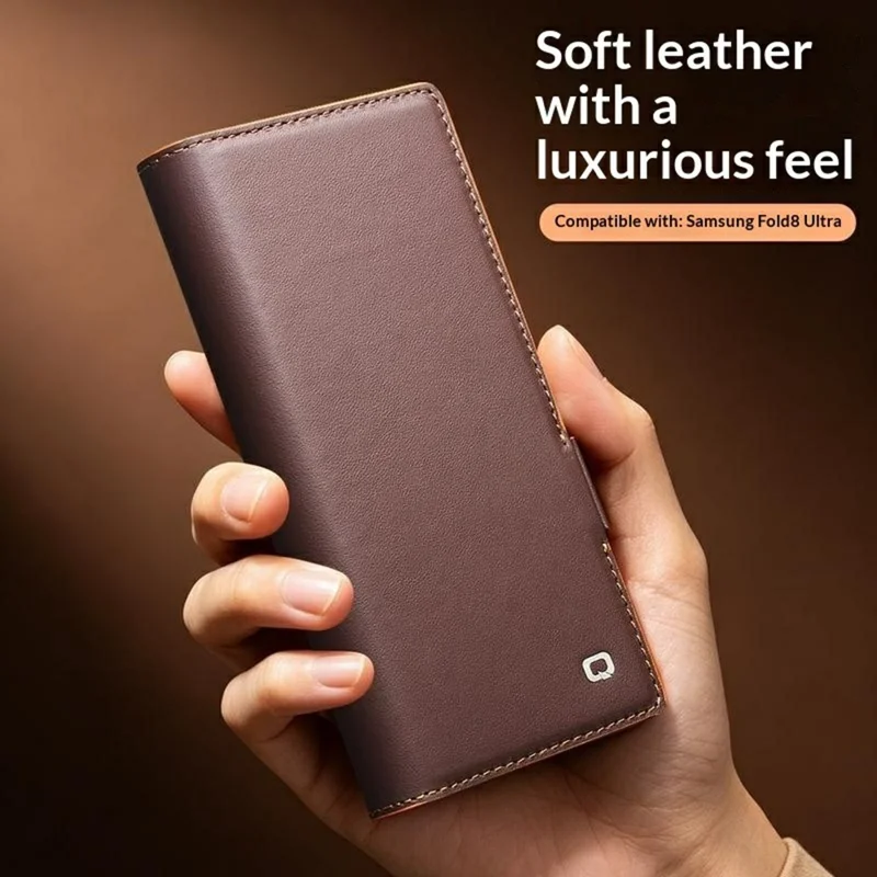 QIALINO For Samsung Galaxy Z Fold8 Ultra Case Flip Stand Genuine Cow Leather Phone Cover - Brown