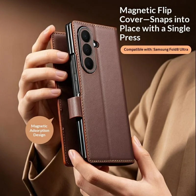QIALINO For Samsung Galaxy Z Fold8 Ultra Case Flip Stand Genuine Cow Leather Phone Cover - Brown