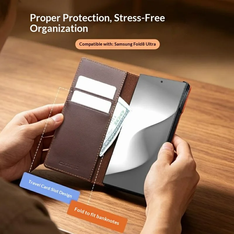 QIALINO For Samsung Galaxy Z Fold8 Ultra Case Flip Stand Genuine Cow Leather Phone Cover - Brown