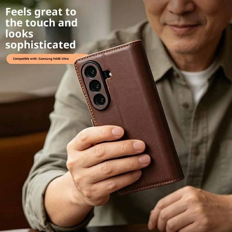 QIALINO For Samsung Galaxy Z Fold8 Ultra Case Flip Stand Genuine Cow Leather Phone Cover - Brown