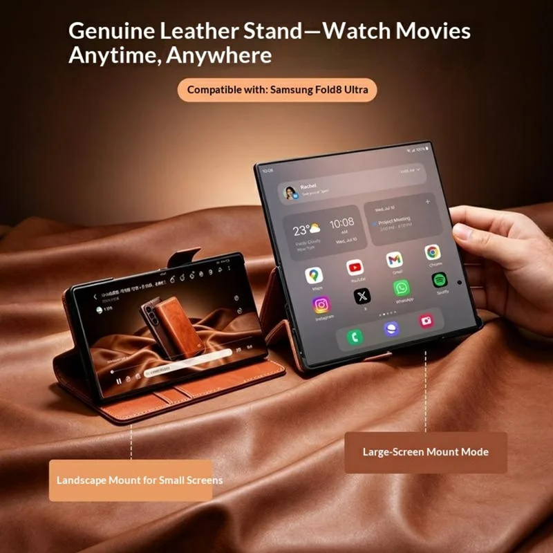 QIALINO for Samsung Galaxy Z Fold8 Ultra Case Oil-Waxed Genuine Cow Leather Flip Stand Wallet Phone Cover - Light Brown