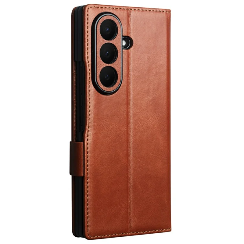 QIALINO for Samsung Galaxy Z Fold8 Ultra Case Oil-Waxed Genuine Cow Leather Flip Stand Wallet Phone Cover - Light Brown
