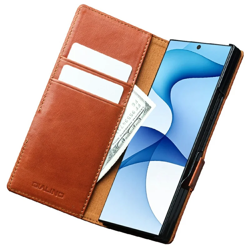 QIALINO for Samsung Galaxy Z Fold8 Ultra Case Oil-Waxed Genuine Cow Leather Flip Stand Wallet Phone Cover - Light Brown