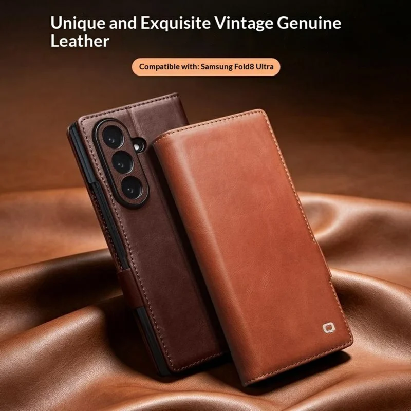 QIALINO for Samsung Galaxy Z Fold8 Ultra Case Oil-Waxed Genuine Cow Leather Flip Stand Wallet Phone Cover - Light Brown