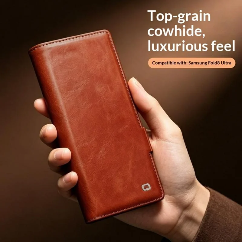QIALINO for Samsung Galaxy Z Fold8 Ultra Case Oil-Waxed Genuine Cow Leather Flip Stand Wallet Phone Cover - Light Brown