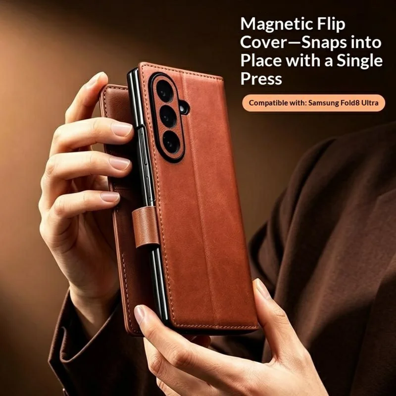 QIALINO for Samsung Galaxy Z Fold8 Ultra Case Oil-Waxed Genuine Cow Leather Flip Stand Wallet Phone Cover - Light Brown