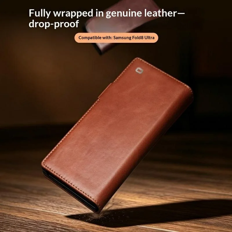 QIALINO for Samsung Galaxy Z Fold8 Ultra Case Oil-Waxed Genuine Cow Leather Flip Stand Wallet Phone Cover - Light Brown