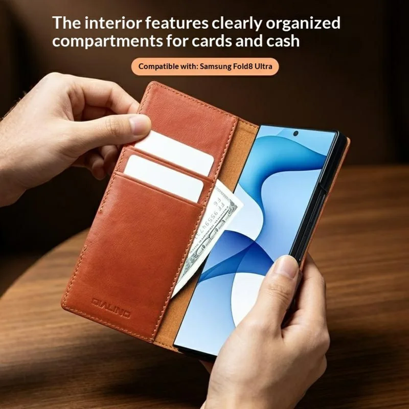 QIALINO for Samsung Galaxy Z Fold8 Ultra Case Oil-Waxed Genuine Cow Leather Flip Stand Wallet Phone Cover - Light Brown