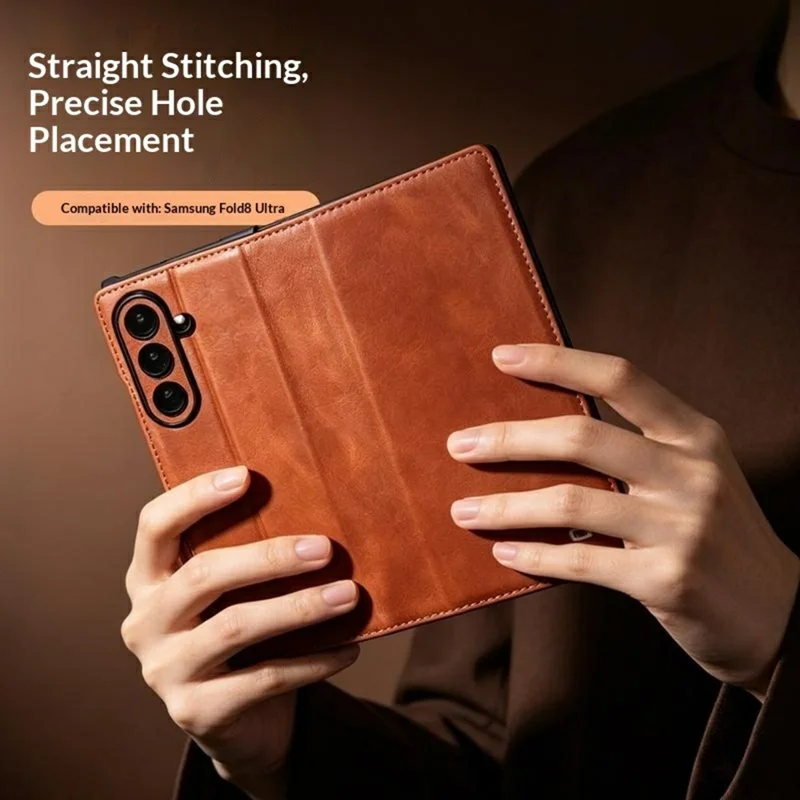 QIALINO for Samsung Galaxy Z Fold8 Ultra Case Oil-Waxed Genuine Cow Leather Flip Stand Wallet Phone Cover - Light Brown