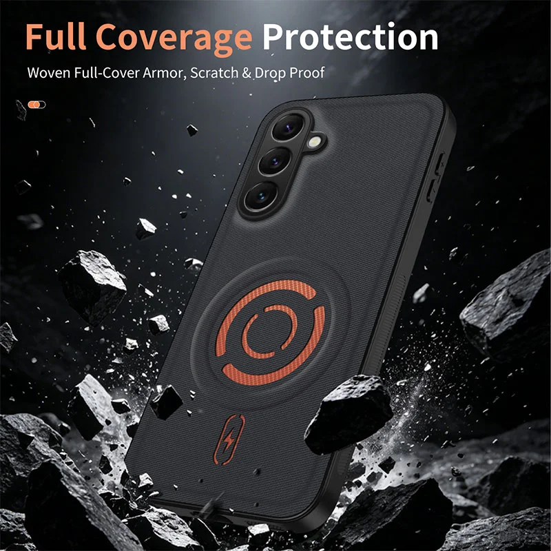 WANLONFENG for Samsung Galaxy S26 KJB Series Magnetic Case Tech Fabric Texture PC+TPU Shockproof Phone Cover - Black - 4