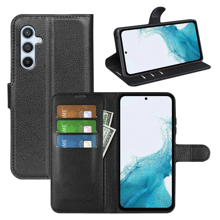 For Samsung Galaxy A54 5G Litchi Texture Anti-drop Cell Phone Cover PU Leather + TPU Folio Flip Magnetic Clasp Stand Wallet Phone Case - Black