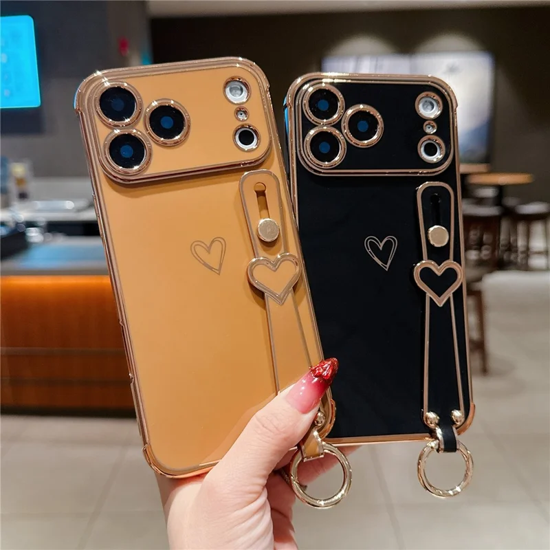 For iPhone  18 Pro / 17  Pro Case Electroplated Heart Pattern TPU Phone Back Cover with Wristband Kickstand - Ivory White