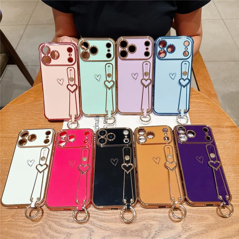 For iPhone  18 Pro / 17  Pro Case Electroplated Heart Pattern TPU Phone Back Cover with Wristband Kickstand - Ivory White