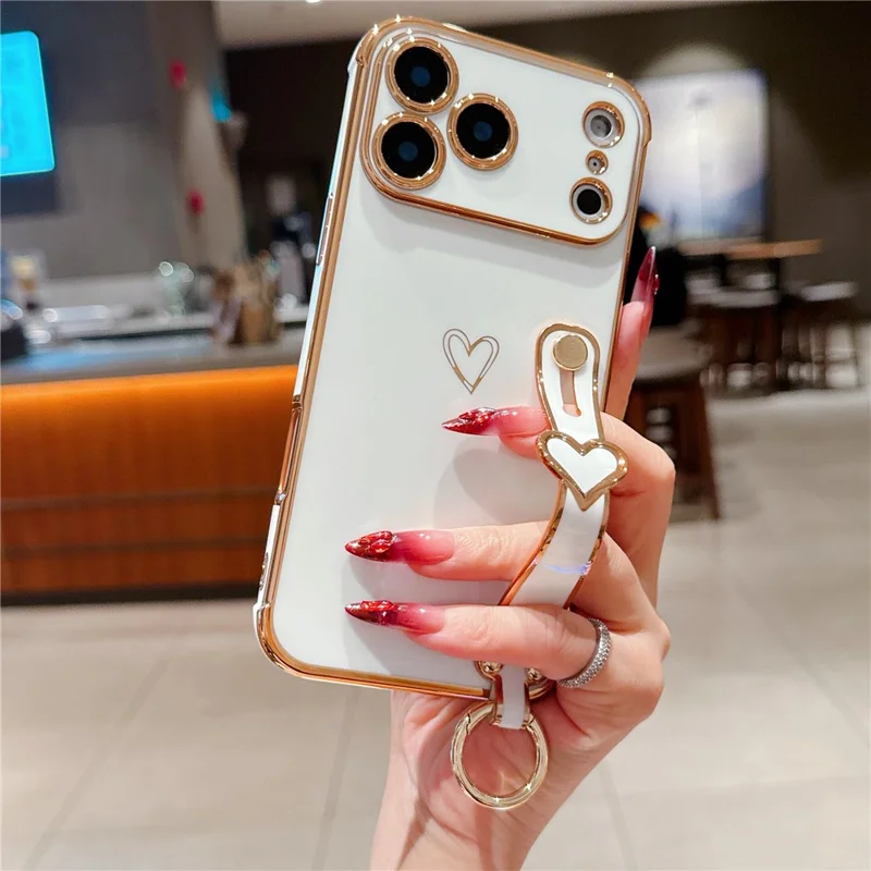 For iPhone  18 Pro / 17  Pro Case Electroplated Heart Pattern TPU Phone Back Cover with Wristband Kickstand - Ivory White