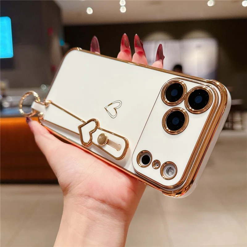 For iPhone  18 Pro / 17  Pro Case Electroplated Heart Pattern TPU Phone Back Cover with Wristband Kickstand - Ivory White