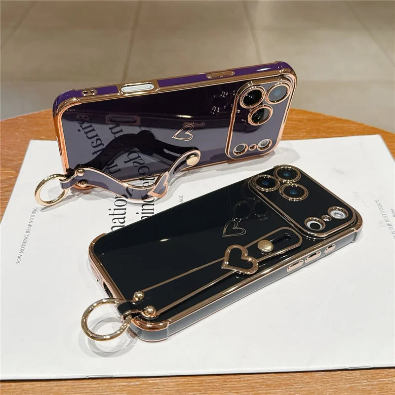 For iPhone  18 Pro / 17  Pro Case Electroplated Heart Pattern TPU Phone Back Cover with Wristband Kickstand - Ivory White
