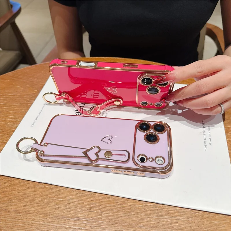 For iPhone  18 Pro / 17  Pro Case Electroplated Heart Pattern TPU Phone Back Cover with Wristband Kickstand - Ivory White