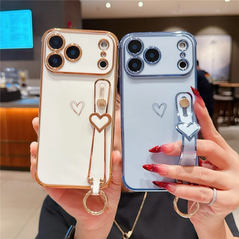 For iPhone  18 Pro / 17  Pro Case Electroplated Heart Pattern TPU Phone Back Cover with Wristband Kickstand - Ivory White