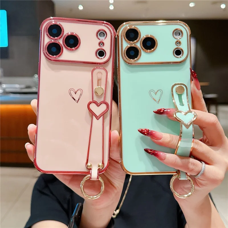 For iPhone  18 Pro / 17  Pro Case Electroplated Heart Pattern TPU Phone Back Cover with Wristband Kickstand - Ivory White