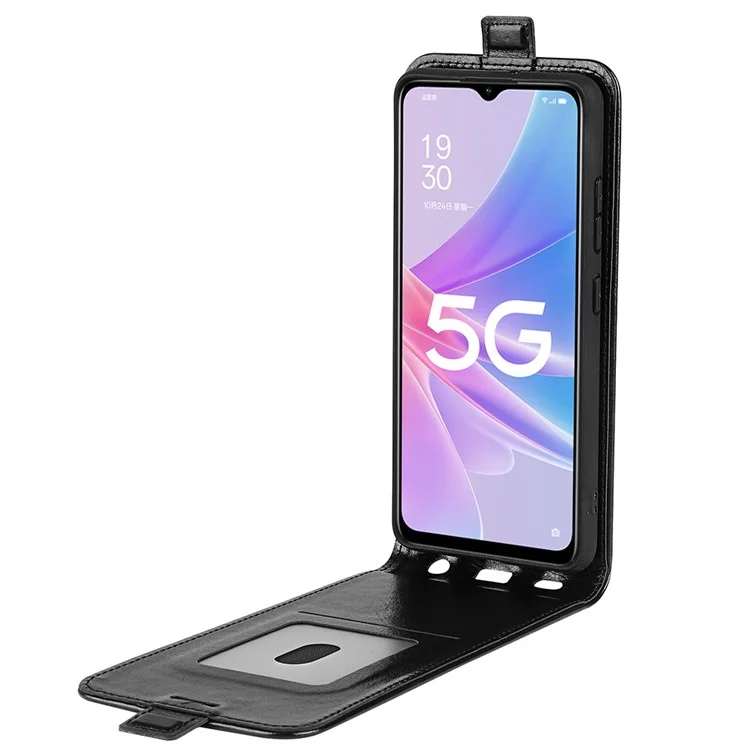 Para Oppo A58 5G Vertical Flip Crazy Horse Texture Anti-wear Phone Case com Slot para Cartão Resistente a Choques Fecho Magnético Capa de Telefone de Couro PU - Preto