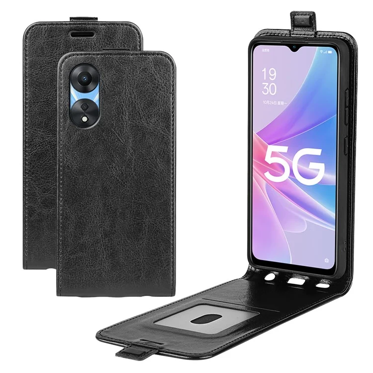 Para Oppo A58 5G Vertical Flip Crazy Horse Texture Anti-wear Phone Case com Slot para Cartão Resistente a Choques Fecho Magnético Capa de Telefone de Couro PU - Preto