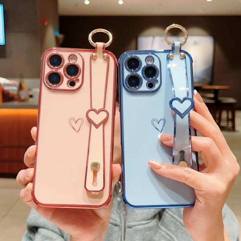 For iPhone 16 Pro Max Case Electroplated Heart Pattern TPU Phone Back Cover with Wristband Kickstand - Ivory White