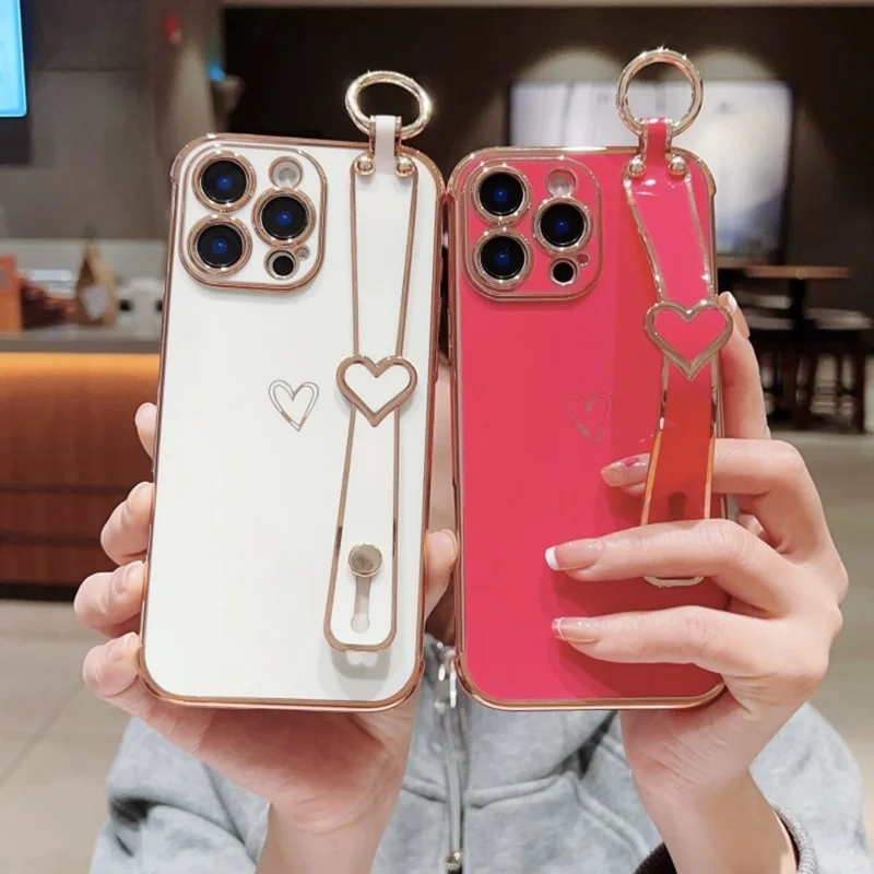 For iPhone 16 Pro Max Case Electroplated Heart Pattern TPU Phone Back Cover with Wristband Kickstand - Ivory White