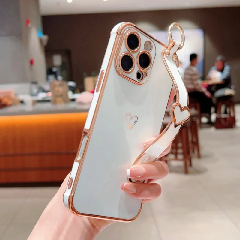 For iPhone 16 Pro Max Case Electroplated Heart Pattern TPU Phone Back Cover with Wristband Kickstand - Ivory White
