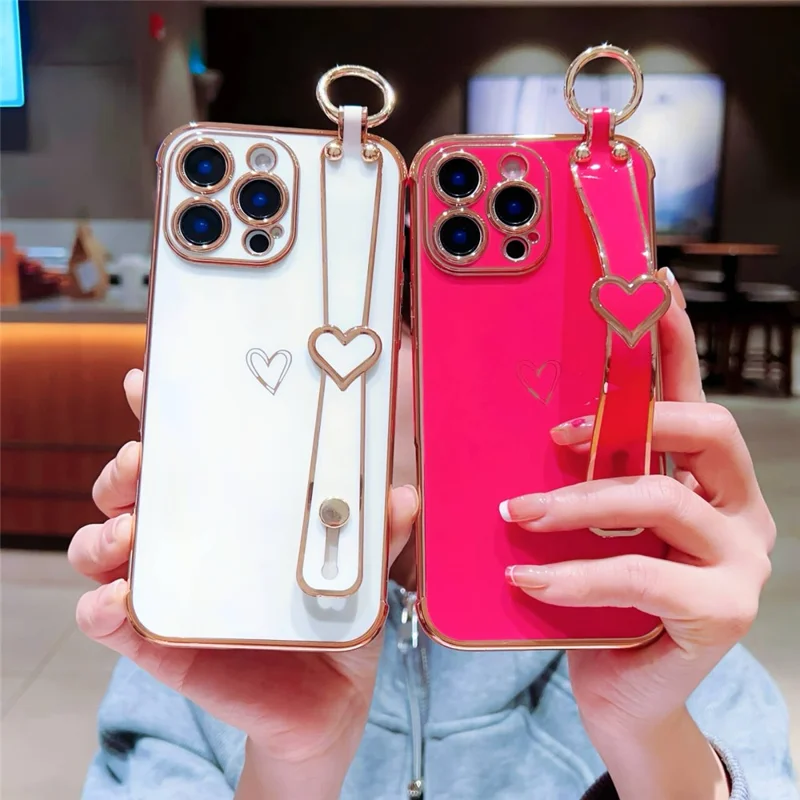 For iPhone 16 Pro Max Case Electroplated Heart Pattern TPU Phone Back Cover with Wristband Kickstand - Ivory White