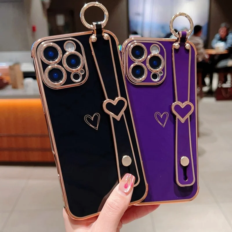 For iPhone 16 Pro Max Case Electroplated Heart Pattern TPU Phone Back Cover with Wristband Kickstand - Ivory White