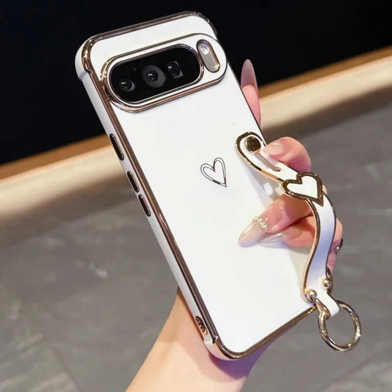 For Google Pixel 10 Pro XL Case Electroplated Heart Pattern TPU Phone Back Cover with Wristband Kickstand - Ivory White