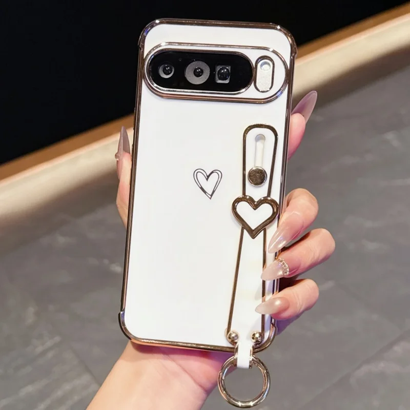 For Google Pixel 10 Pro XL Case Electroplated Heart Pattern TPU Phone Back Cover with Wristband Kickstand - Ivory White