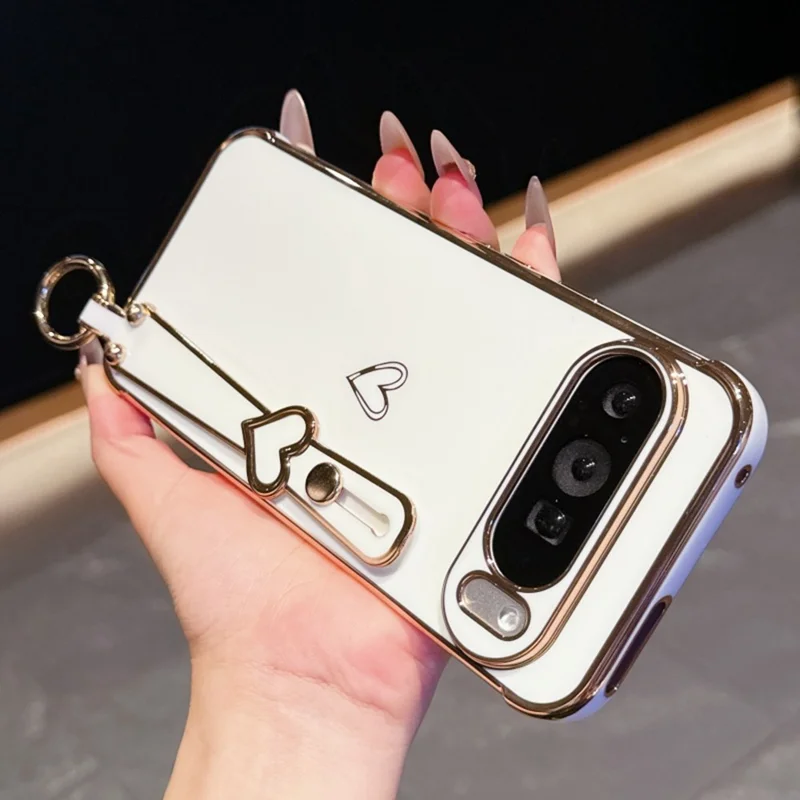 For Google Pixel 10 Pro XL Case Electroplated Heart Pattern TPU Phone Back Cover with Wristband Kickstand - Ivory White