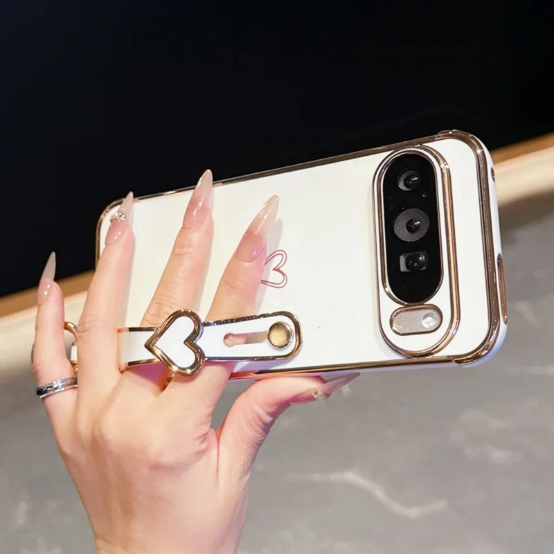 For Google Pixel 10 Pro XL Case Electroplated Heart Pattern TPU Phone Back Cover with Wristband Kickstand - Ivory White
